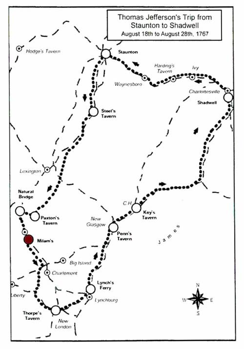Map of Thomas Jefferson's Route in August 1767