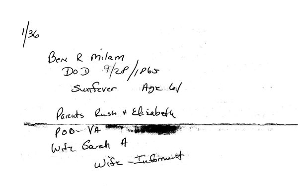 Note on Ben R Milam's death certificate